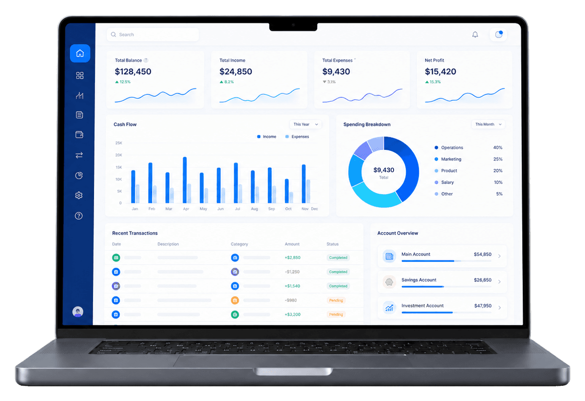 Professional laptop displaying a generic financial dashboard